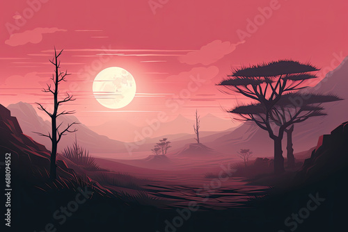 Retro landscape art style depicting a serene full moon night  blending nostalgic elements with a touch of fantasy