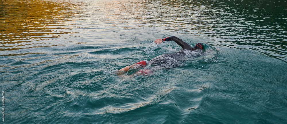 A professional triathlete trains with unwavering dedication for an upcoming competition at a lake, emanating a sense of athleticism and profound commitment to excellence.
