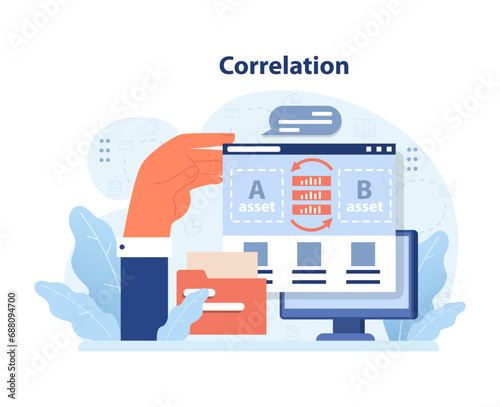 Analyzing diversification with correlation. Expert hand evaluates the interrelation of Asset A and Asset B on a digital interface. Fine-tuning portfolio dynamics. Flat vector illustration.
