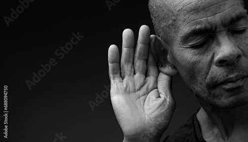 suffering from deafness and hearing loss on grey black background with people stock image stock photo