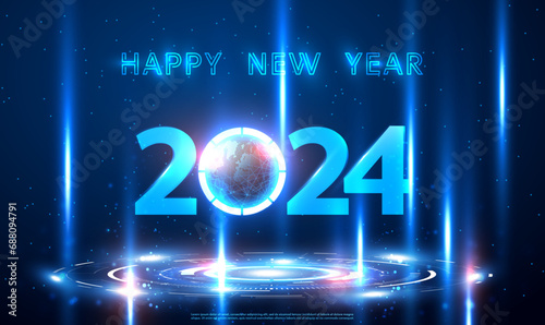 Happy New Year 2024 in glowing blue light with portal and hologram science futuristic stage. Digital numbers 2024. Magic circle teleport. Blue hologram of the numbers 2024. Technology Vector EPS10.