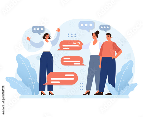 Inclusive office communication. Diverse team members engage in vibrant discussions, emphasizing unity and collaboration in a digital age. Exchange of ideas fostering growth. Flat vector illustration