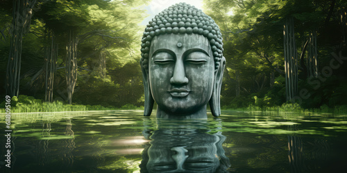 buddha face in zen garden with water © Kien