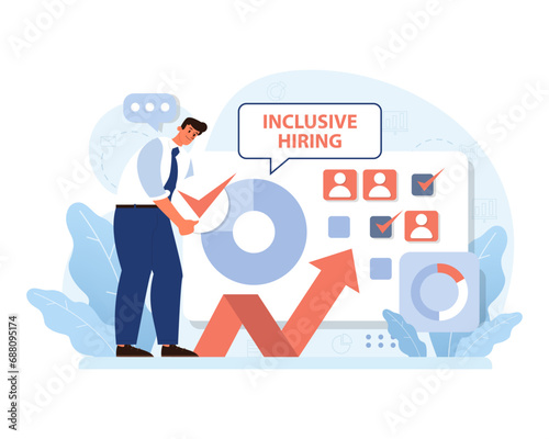 Modern HR approach. Businessman reviews digital dashboard focusing on inclusive hiring, promoting equality and growth. Checking diverse candidate profiles for an inclusive workplace. Flat vector