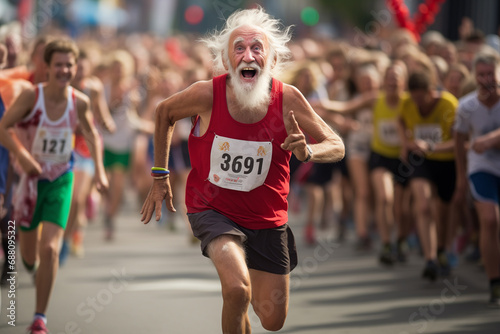 Joyful old man - athlete runs a marathon.