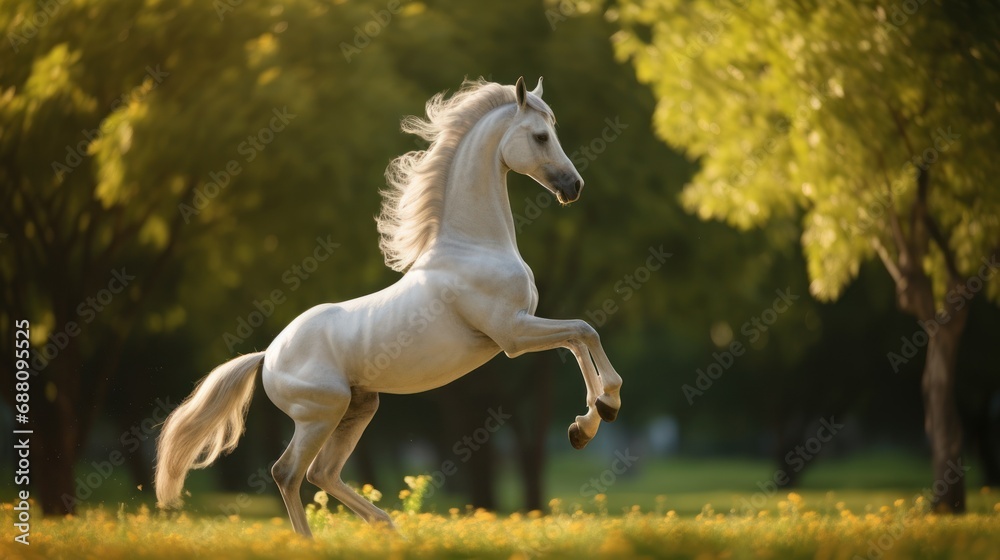 Beautiful white gray rearing horse on the sunny meadow. Outdoor background.