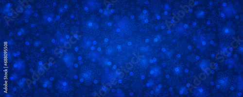 Blue Christmas banner with snowflakes and bokeh. Merry Christmas and Happy New Year greeting banner. Horizontal new year background, headers, posters, cards, website. Vector illustration