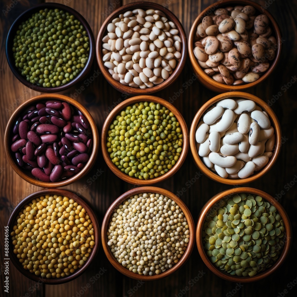 different varieties of beans and seeds in bowls on a wooden table different varieties of beans and seeds in bowls on a wooden table