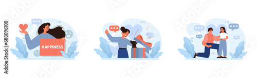 Emotion journey set. Woman radiating joy with heart, confronting anger, couple enjoying tranquil conversation. Personal growth, understanding feelings nurturing relationships. Flat vector illustration