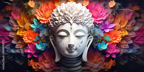 buddha face decorated with colorful flowers