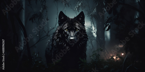 a wolf with red eyes in the forest at night, A pack of wolves running at night in the fog, Fenris wolfbrother, generative AI