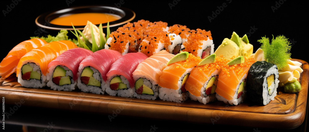 An exquisite display of beautifully arranged sushi pieces featuring a variety of flavors and ingredients.