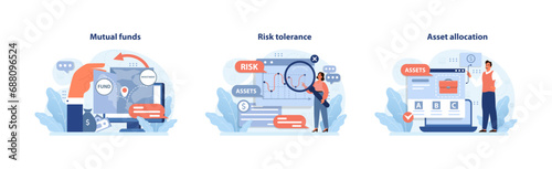 Investment strategies set. Diverse portfolio management with mutual funds, assessing market risks, and optimal asset allocation. Making informed financial decisions. Flat vector illustration