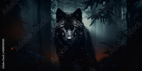 Frightening gray wolf, Big black dog tied on a chain, Black wolf in the winter forest. The wolf looks at the camera, generative AI