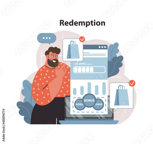 Redemption concept. Man eagerly awaits bonus rewards on digital platform. Shopping bags signify successful points exchange. Online loyalty program perks. Flat vector illustration
