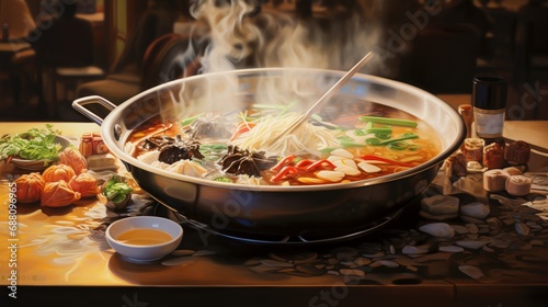 a ladle scoops up a flavorful serving of hotpot  capturing the essence of indulgence and warmth in each ingredient  against the clean white canvas  