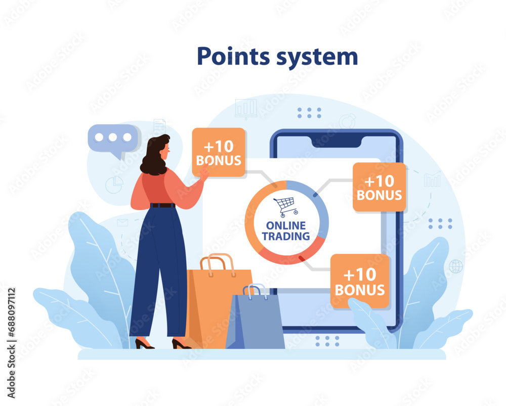 Points system concept. Woman interacts with online trading platform, earning bonus points for shopping. Engaging in rewards, digital savings, and retail benefits. Flat vector illustration. - obrazy, fototapety, plakaty 