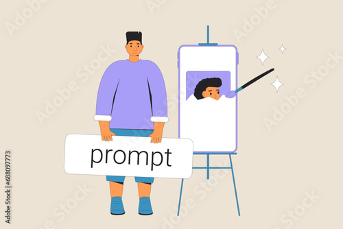 Prompt engineering. Man standing near unfinished painting on the easel.