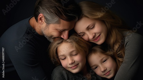 Family hugging portrait background. Mother's Hug Day love family parenthood childhood togetherness father’s day concept.