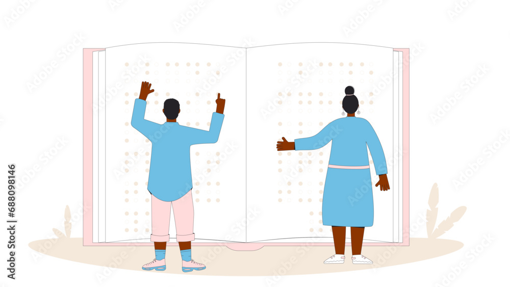 Braille literacy. Blind man and woman with huge book. Braille literacy. Blind man and woman with huge book.