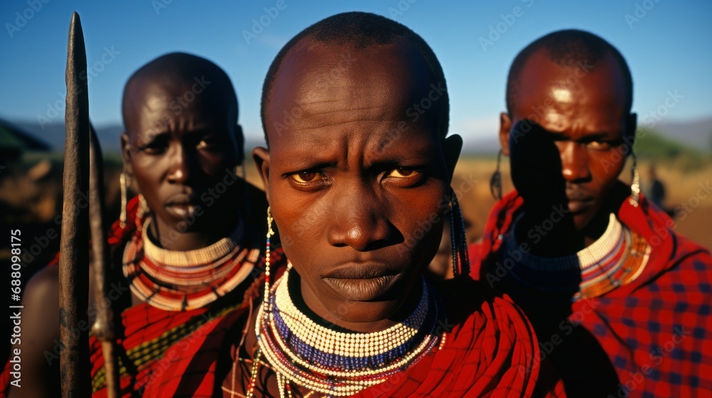 Traditional facial makeup of African tribesmen - obrazy, fototapety, plakaty 