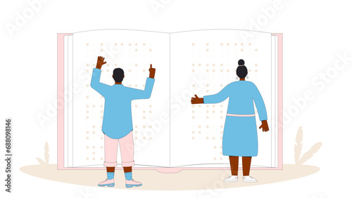 Braille literacy. Blind man and woman with huge book.