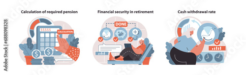 Secure Retirement set. Strategic pension calculation, ensuring financial security, managing cash withdrawal. Retirement planning essentials. Flat vector illustration.