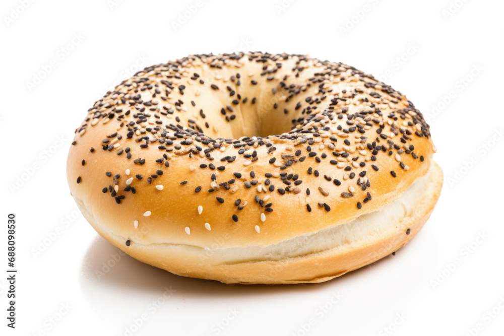 Bagel with poppy seeds on white background