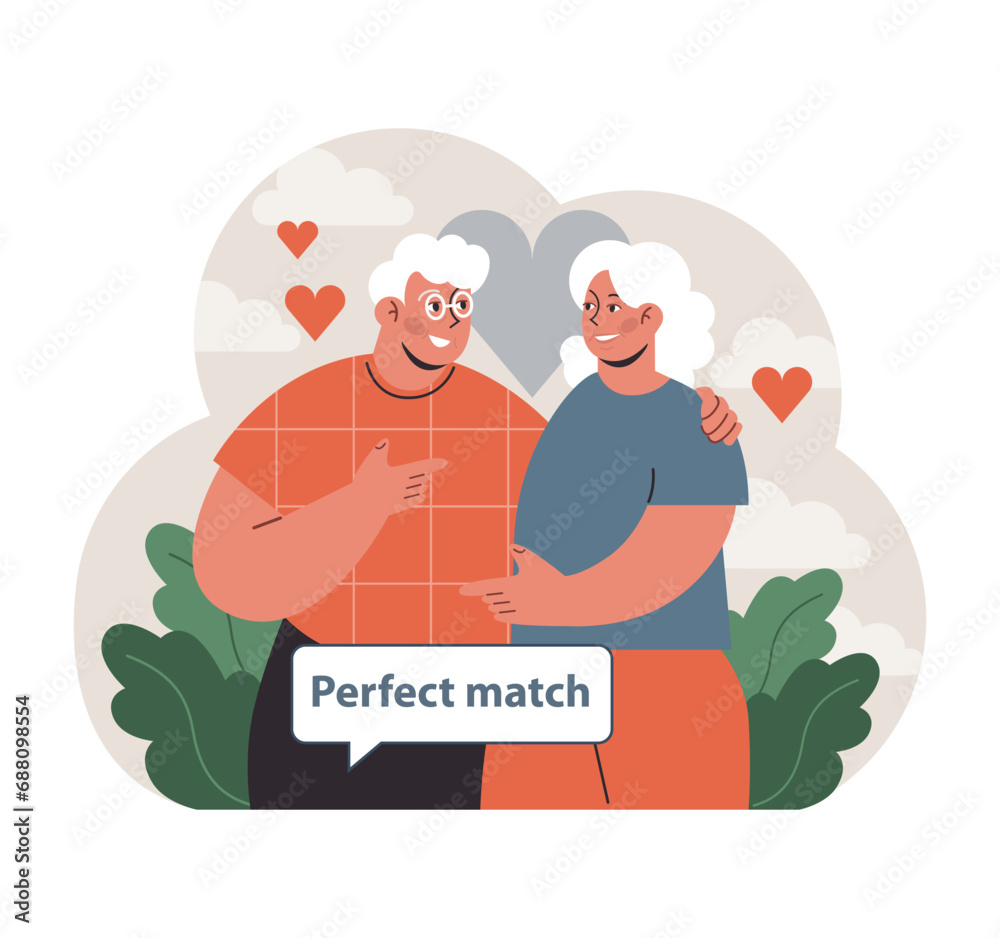 Elderly couple radiates joy, discovering their perfect match amidst heart-shaped clouds, epitomizing senior love and connection. Flat vector illustration