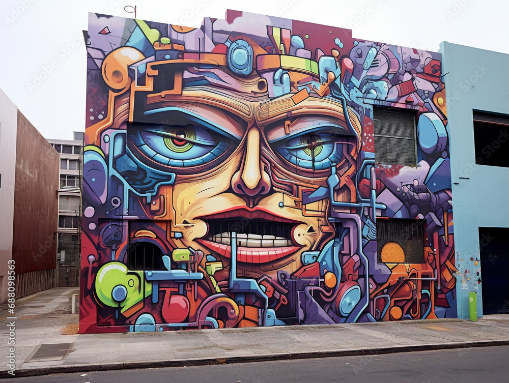 Vibrant graffiti bringing life to the walls of urban buildings in a creatively artistic manner.
