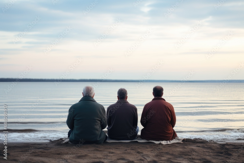a group of three elderly people sits on the ocean shore and meditates