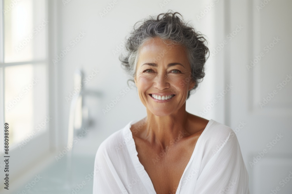 With a serene expression, a senior lady radiates warmth, her smile capturing the wisdom of a life well-lived With a serene expression, a senior lady radiates warmth, her smile capturing the wisdom of a life well-lived