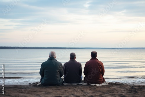a group of three elderly people sits on the ocean shore and meditates © Konstiantyn Zapylaie