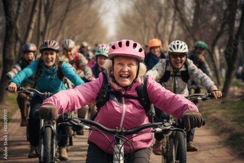 A cheerful group of seniors pedals through a lush green park on a delightful spring day, embracing the beauty of nature and the joy of cycling