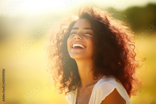 Obraz na płótnie Woman with Curly Hair Smiling in a Field w salonie