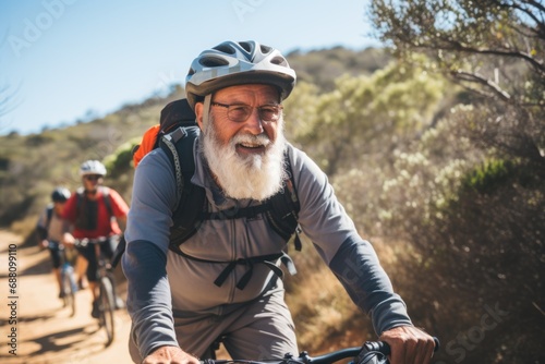 On a sunlit spring day, a cluster of elderly individuals enjoys a carefree bike ride, reveling in the warmth of the season