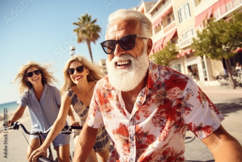 An ensemble of seniors pedaling joyfully through the sunshine on a delightful spring day, embracing the simple pleasures of cycling