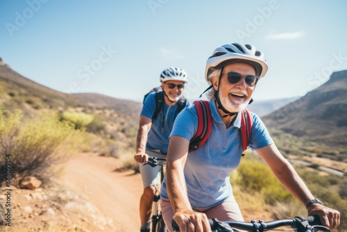 Enjoying a bike ride under the spring sun, a group of seniors pedals happily, savoring the beauty of nature and the joy of movement © Konstiantyn Zapylaie