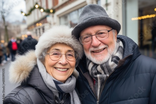 Two European retirees document their joyful holiday moment with a selfie, framed by the festive allure of a New Year tree in the city