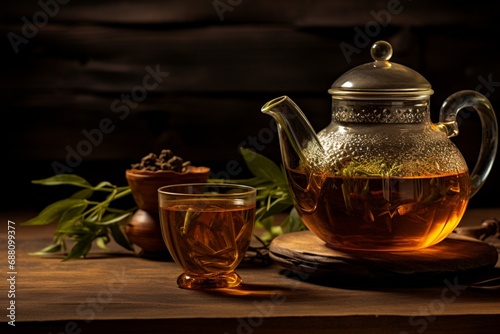 Glass Tea Pot Filled with Green Tea Next to Cup of Tea