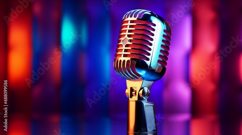 Retro microphone on Stage with neon background