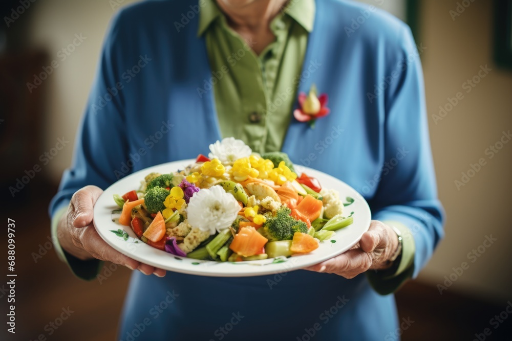 With a plate filled with a medley of vegetables, an elderly lady highlights the joy of incorporating diverse and colorful produce into meals With a plate filled with a medley of vegetables, an elderly lady highlights the joy of incorporating diverse and colorful produce into meals
