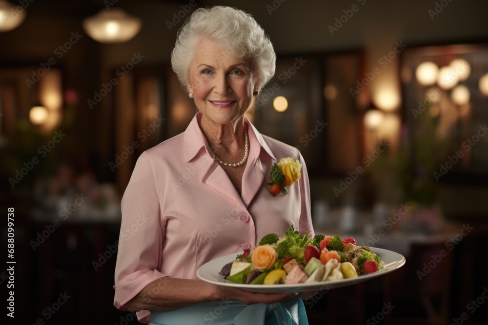 With a plate in her hands, a senior lady showcases a vibrant mix of assorted vegetables, advocating for the nutritional richness of plant-based meals