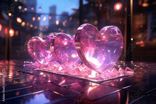 Three big and pink glass 3D hearts on a dark reflective slab surface. Valentine day. Love. A blurred night city with bokeh light strings in the background. Copy space. photo