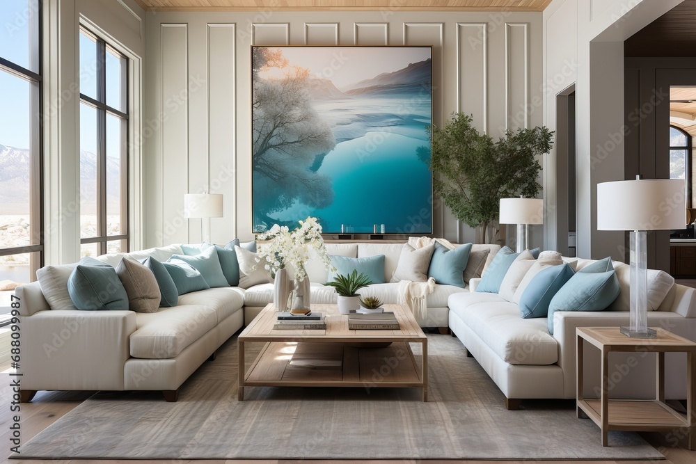 Blue and White Living Room with Lake Theme