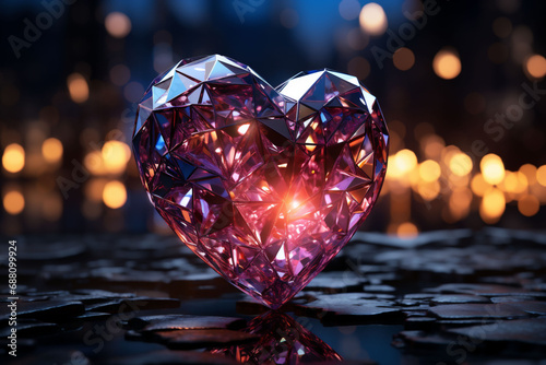 A pink big diamond heart shining standing on a wet pavement. Bokeh lights on a dark base in the background. Copy space. photo