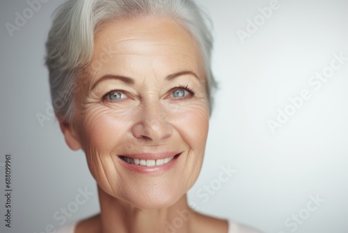 On a clean white canvas, a content senior woman's smiling face exudes happiness and tranquility