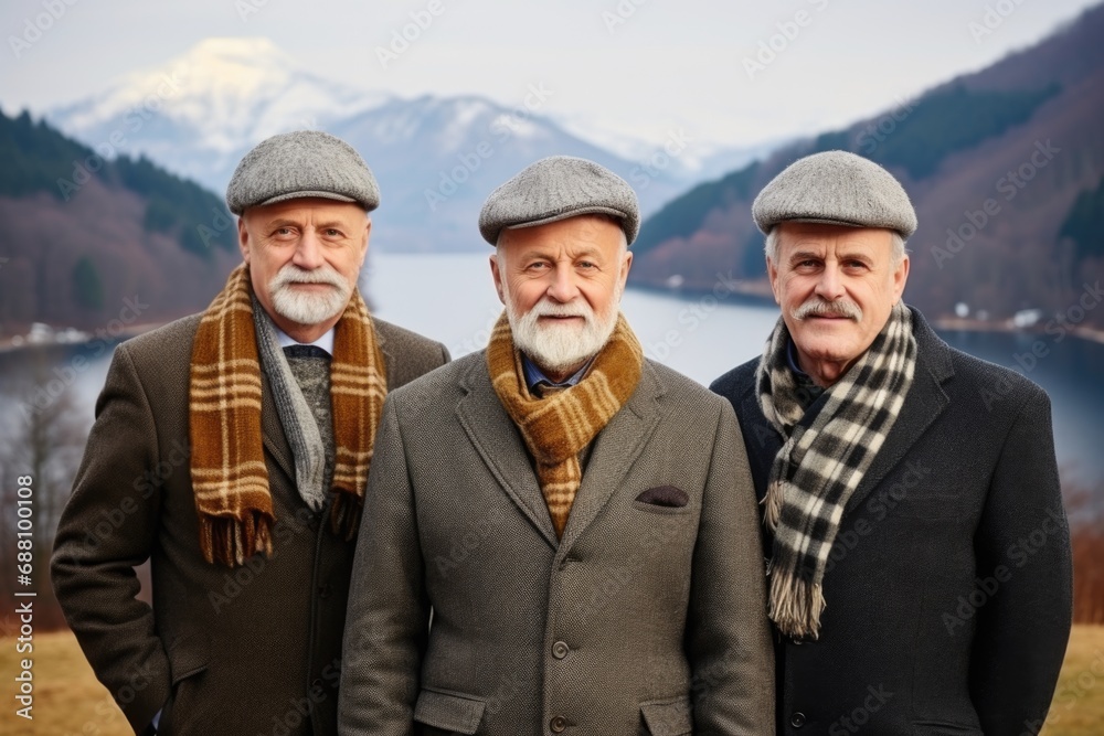 Against the backdrop of snow-covered mountain peaks, a group of happy European retirees, wrapped in winter clothes, captures the essence of wintertime bliss Against the backdrop of snow-covered mountain peaks, a group of happy European retirees, wrapped in winter clothes, captures the essence of wintertime bliss