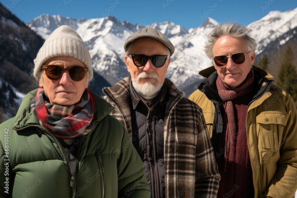 A diverse group of content European seniors, bundled up in warm winter clothes, poses against the stunning backdrop of snow-capped mountains, exuding shared satisfaction A diverse group of content European seniors, bundled up in warm winter clothes, poses against the stunning backdrop of snow-capped mountains, exuding shared satisfaction
