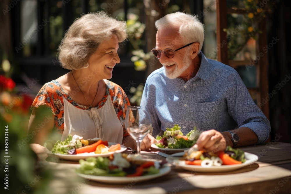 Against the backdrop of a sunny day, an elderly European couple relishes a healthy vegetable salad in a charming cafe, basking in the warmth of their shared meal Against the backdrop of a sunny day, an elderly European couple relishes a healthy vegetable salad in a charming cafe, basking in the warmth of their shared meal